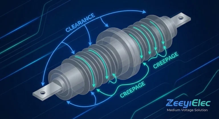 Diagram of MV bushing insulation showing creepage and clearance paths for medium voltage systems.