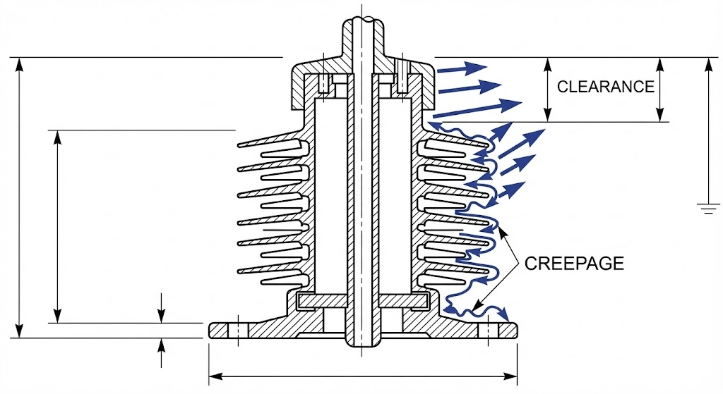 Sección transversal del casquillo de media tensión con las líneas de fuga y de espacio libre marcadas sobre los cobertizos de aislamiento.