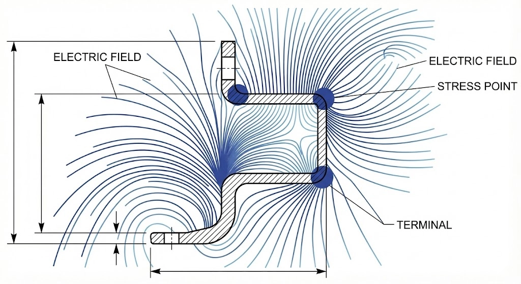 Distribución del campo eléctrico alrededor de un terminal de casquillo que muestra la concentración de campo y la formación de banda seca.