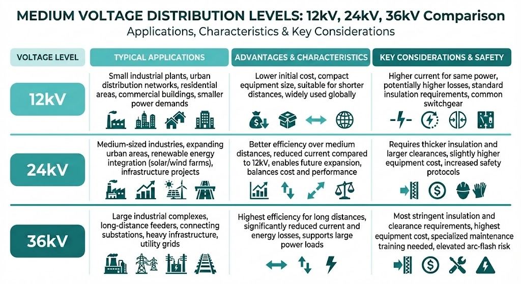 Tabla comparativa de clases de tensión de MT y distancias mínimas de aislamiento para 12kV a 36kV.
