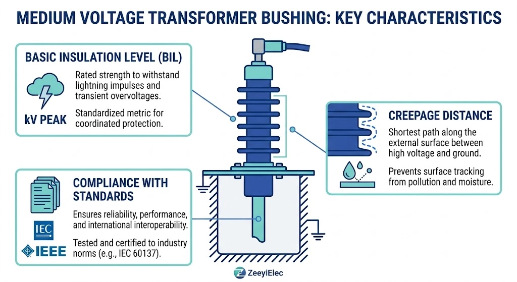 Comprehensive infographic of a medium voltage bushing RFQ template highlighting electrical and mechanical data requirements.