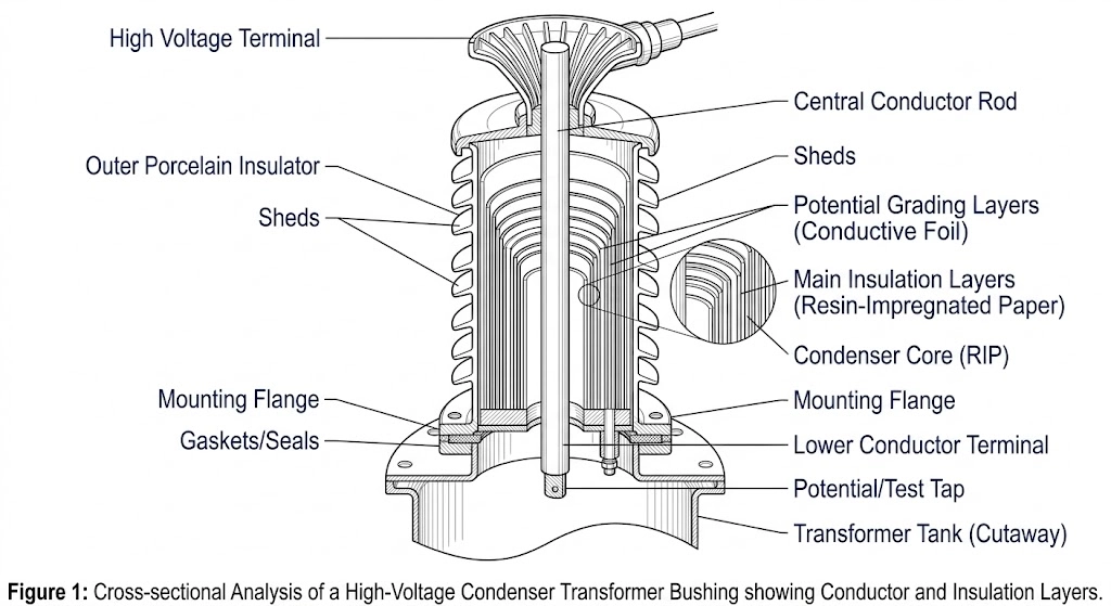 Vector line art of a medium voltage bushing showing internal field grading and electrical stress points.