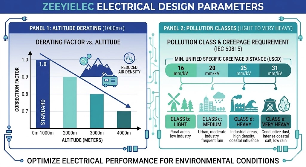 Infographic showing altitude and pollution derating curves for medium voltage bushing insulation performance.