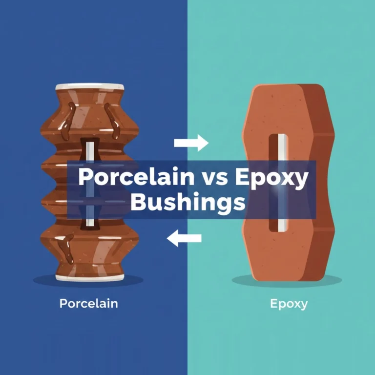 Side-by-side comparison of a traditional porcelain transformer bushing and a solid-cast epoxy bushing.