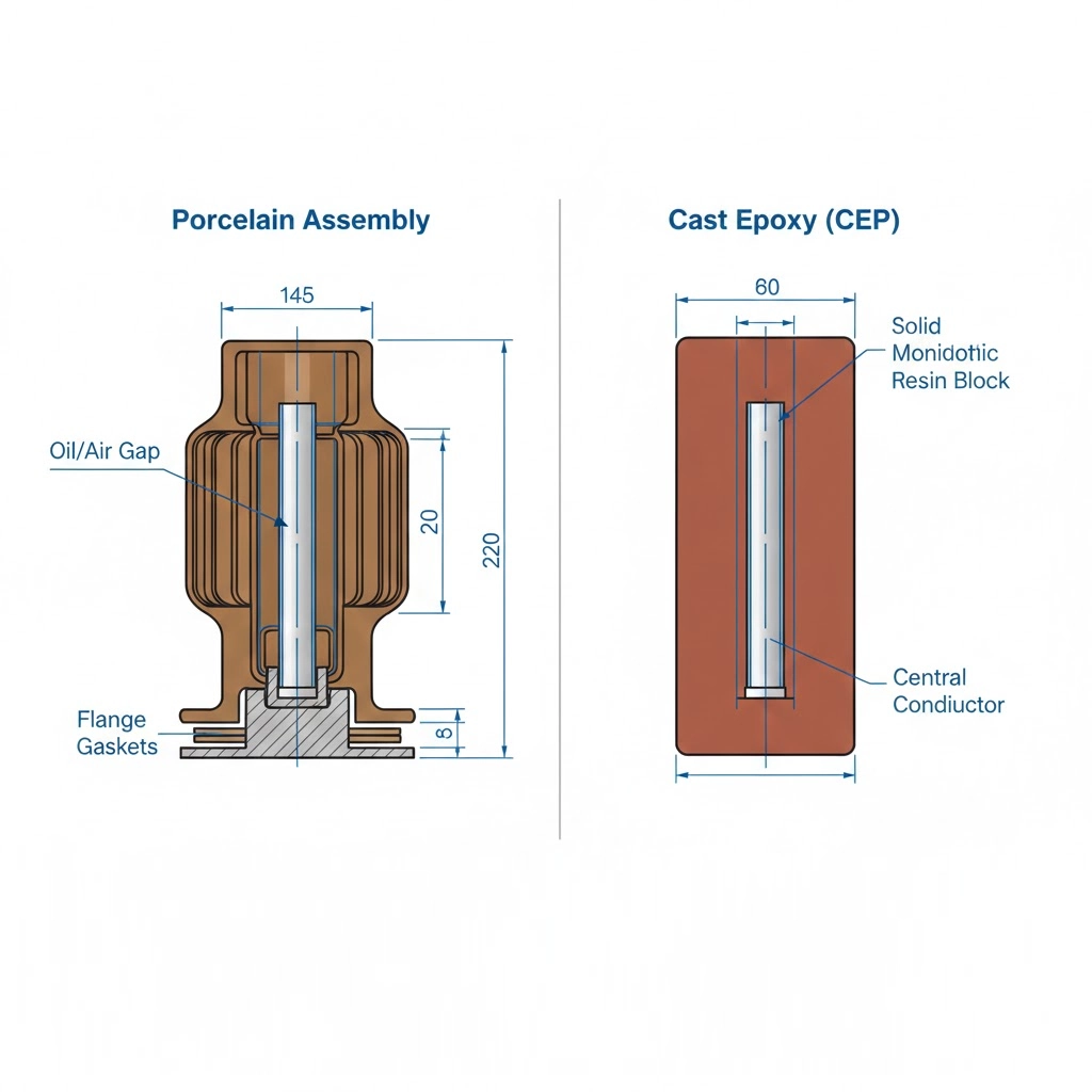 Cross-section technical diagram comparing hollow porcelain insulator assembly to solid-cast epoxy.