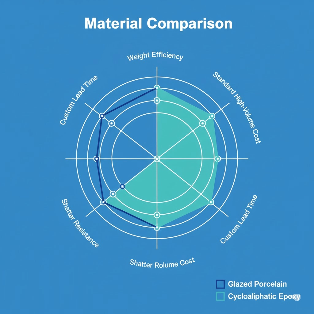 Radar chart comparing porcelain and epoxy bushings across weight, cost, UV resistance, and lead time.