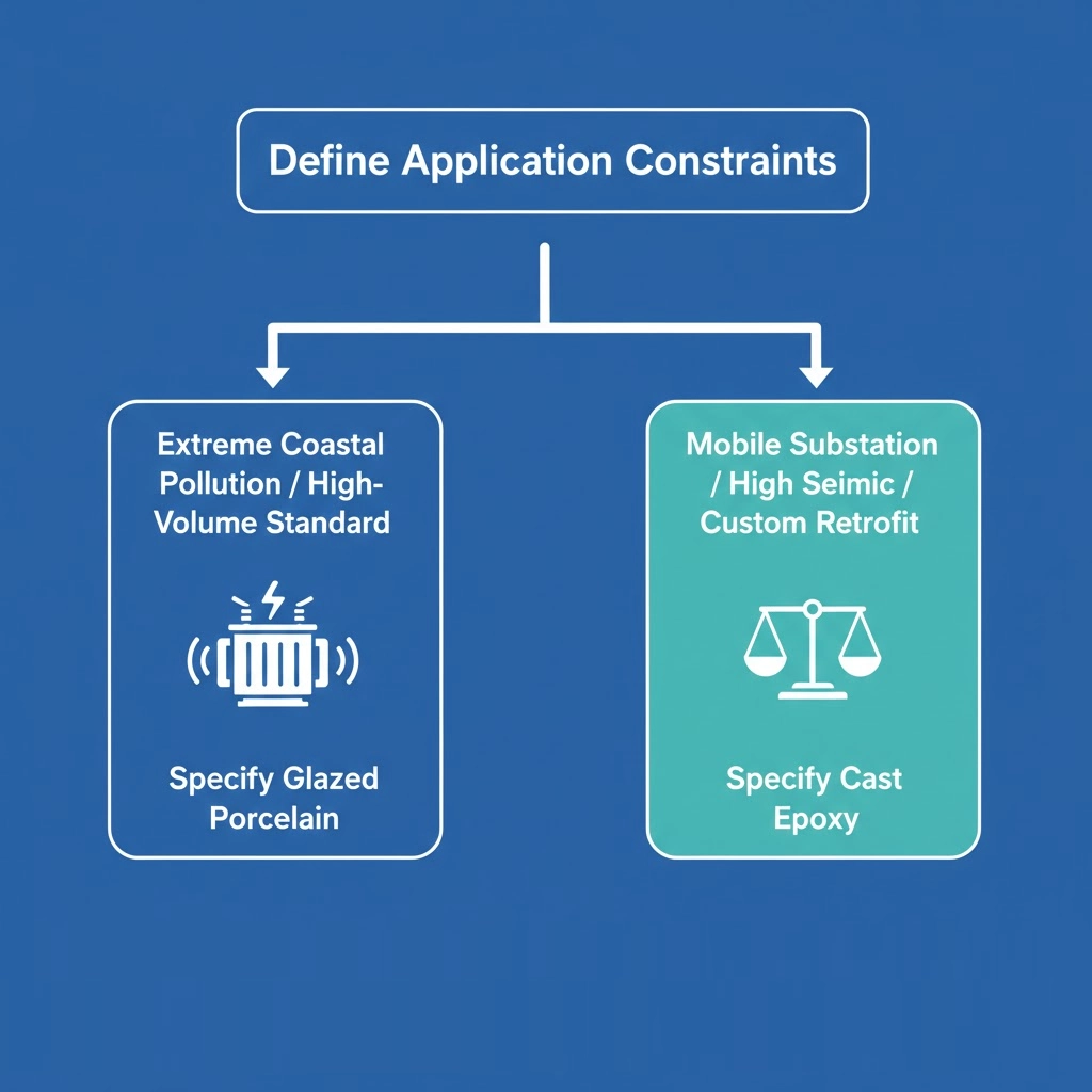 Decision tree flowchart for selecting porcelain or epoxy bushing materials based on project requirements.