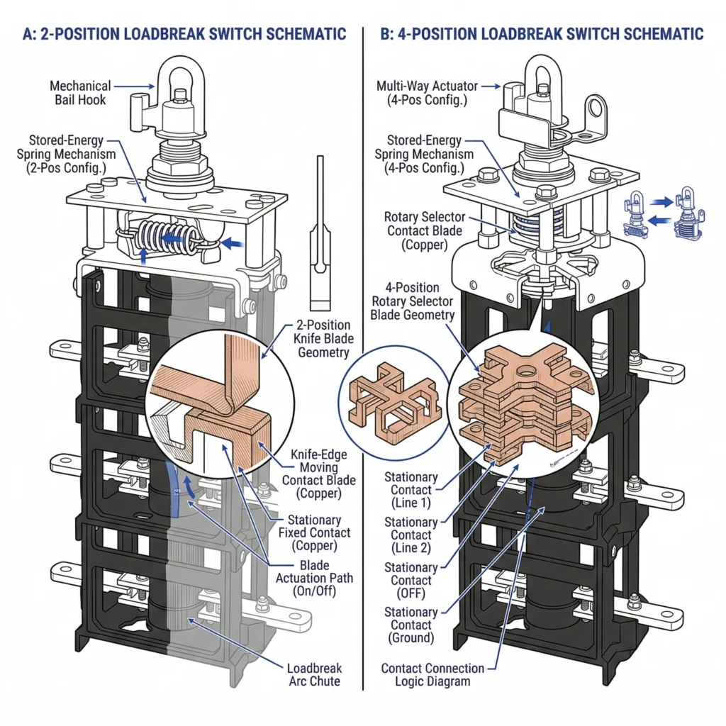 Internal contact paths of basic 2-position and multi-way 4-position loadbreak switches.