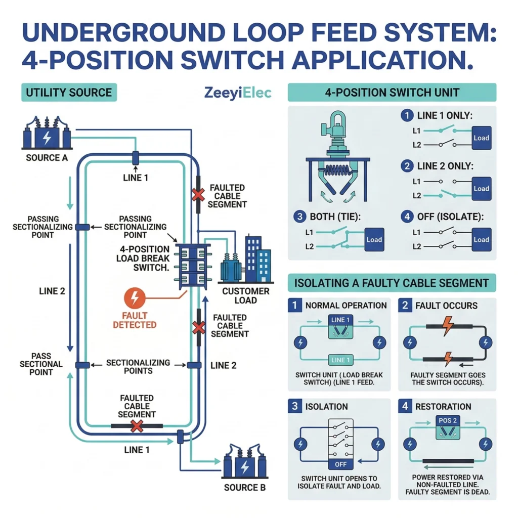 Loop feed system diagram with 4-position switch power flow routing.
