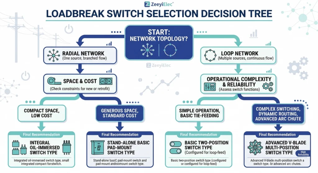 Decision tree flowchart for distribution transformer loadbreak switch selection.