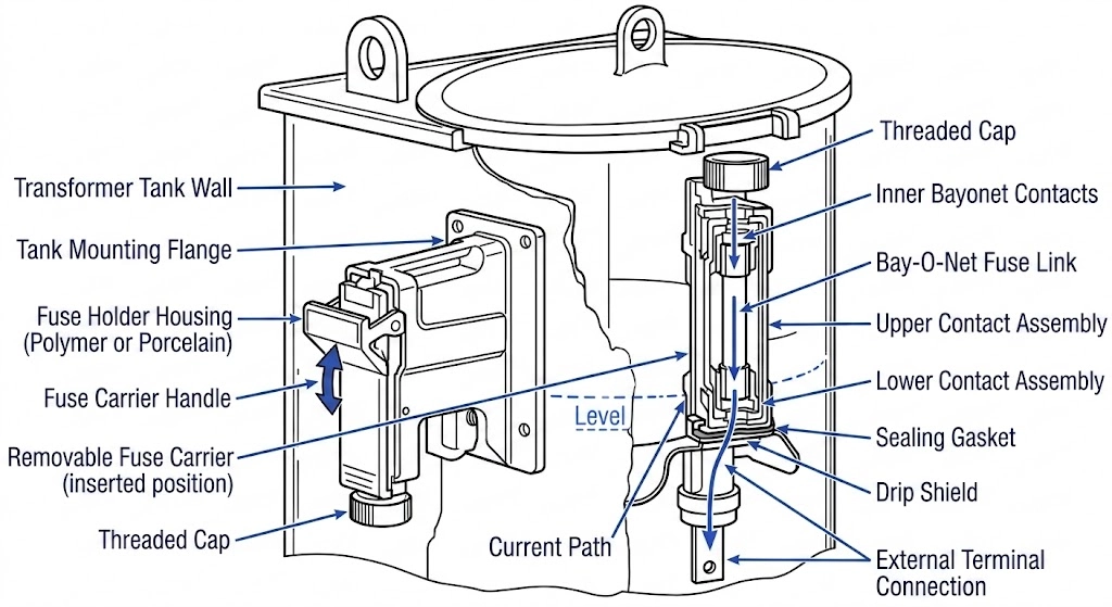 تركيب مجموعة صمامات Bay-O-Net بجهد 15/25 كيلو فولت في محول توزيع.
