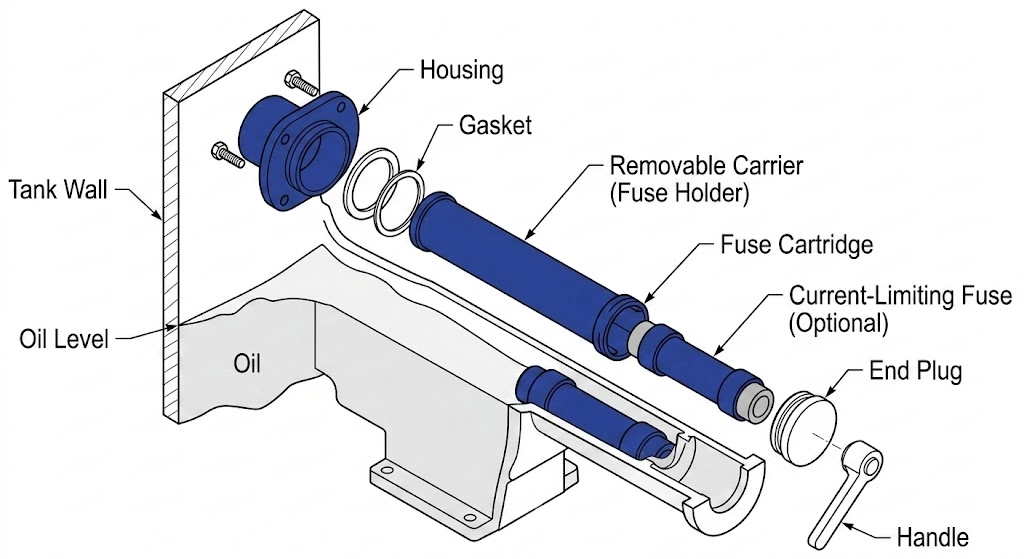 Exploded view of Bay-O-Net fuse housing, carrier, and cartridge.