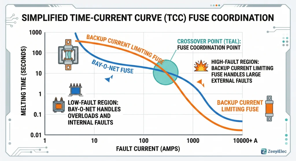 Time-Current Curve (TCC) coordination between Bay-O-Net and current limiting fuses.