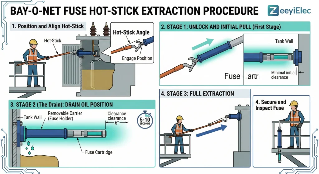 Hot-stick extraction steps for a distribution transformer Bay-O-Net fuse.