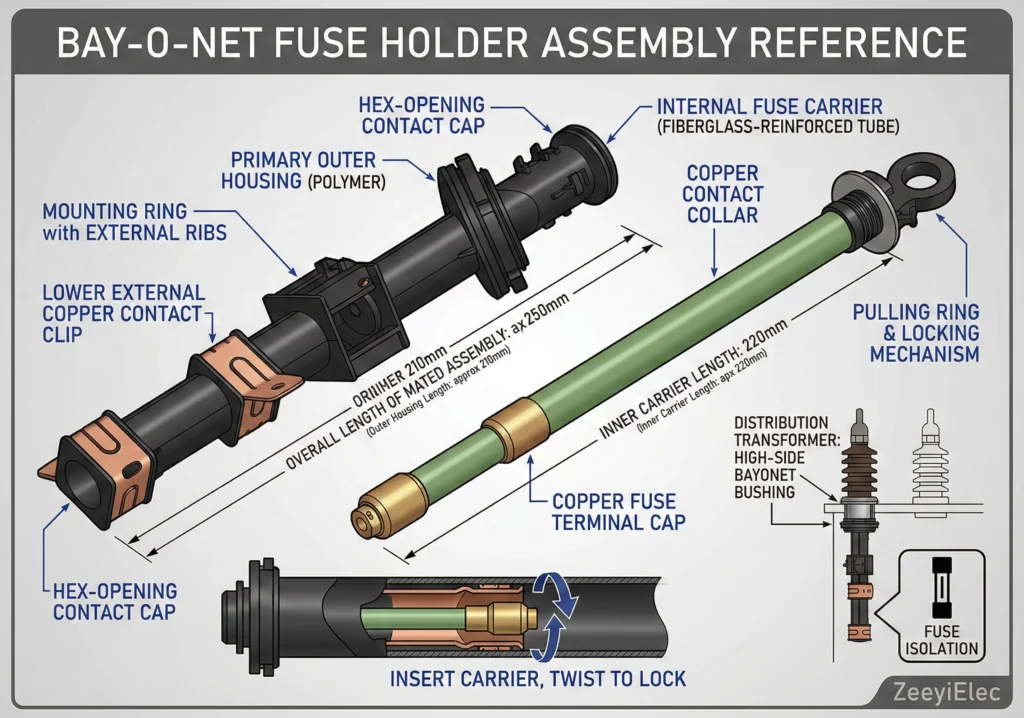 Техническое сечение блока предохранителей Bay-O-Net с указанием внутреннего масляного покрытия и контактов.
