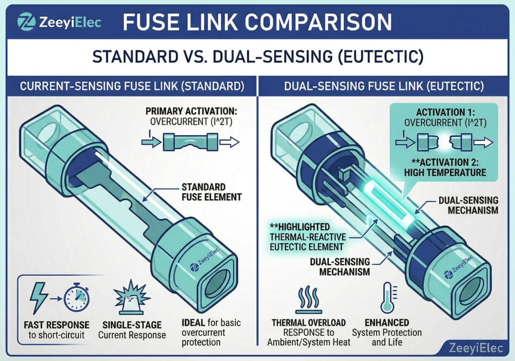 Инфографика, сравнивающая кривые теплового и токового срабатывания плавких вставок с датчиком тока и двойным датчиком.