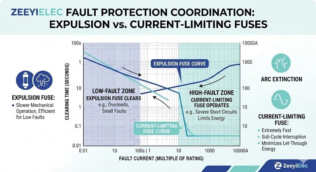رسم بياني لطيف تيار العطل يوضح نقطة تقاطع تنسيق الصمامات.