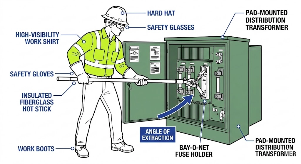 عامل الخطوط يستخدم عصا ساخنة لاستبدال صمامات المحولات الكهربائية بأمان.