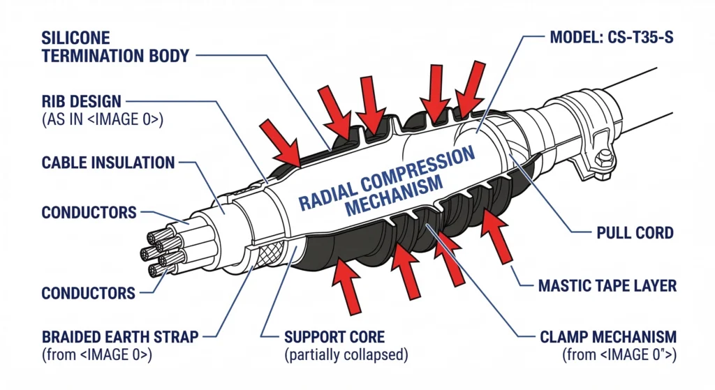 Scientific diagram of cold shrink active pressure seal mechanism showing radial force vectors on cable insulation.