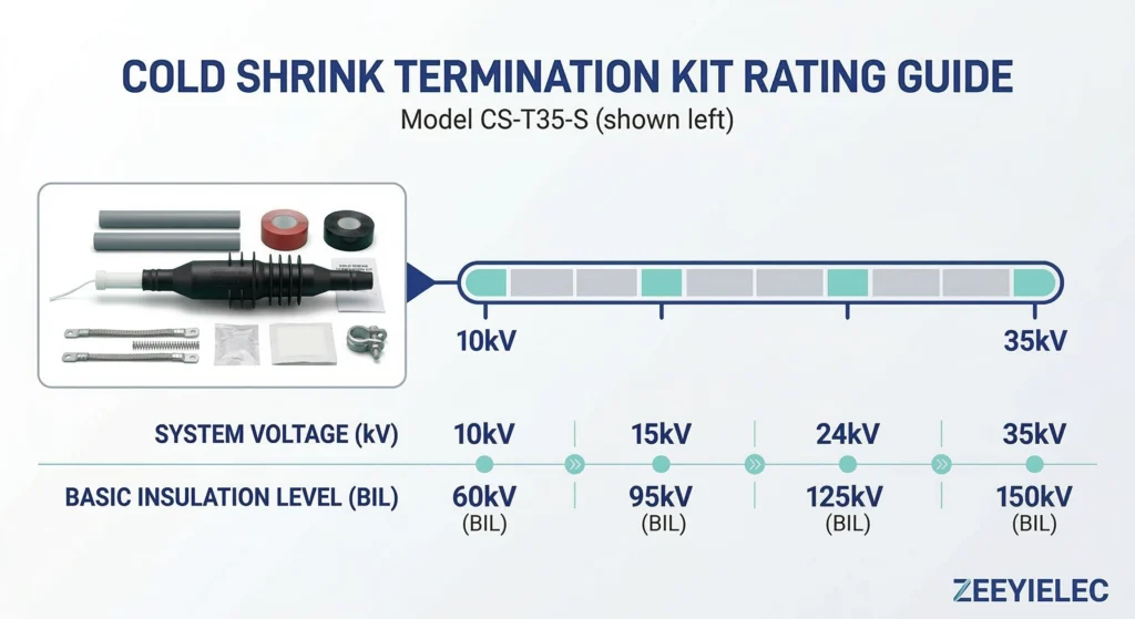 Infographic of 10kV to 35kV voltage classes for cold shrink cable accessory application ranges.