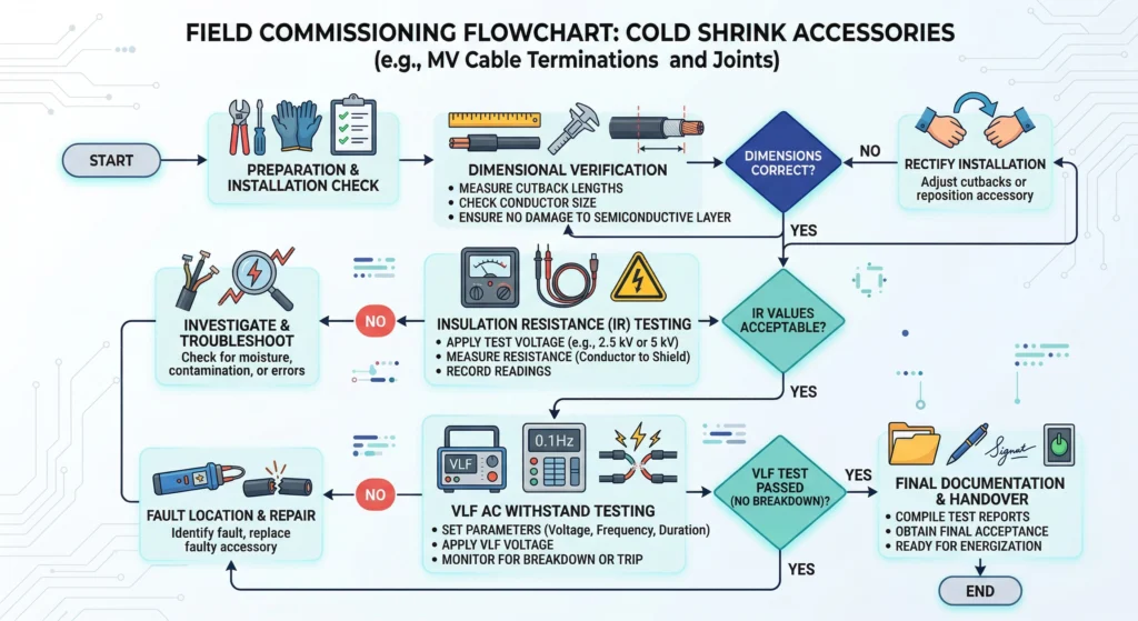 Organigramme d'inspection visuelle et d'essais électriques pour la mise en service d'un système de rétraction à froid.