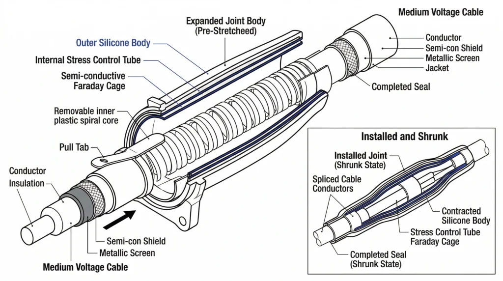 Structural cross section of multi-layered cold shrink joint.