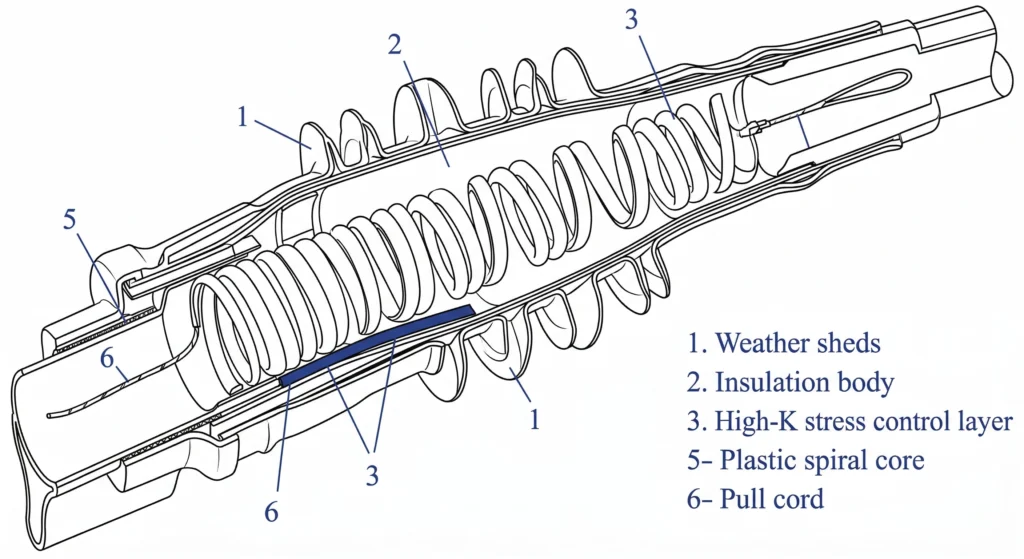 Cross-sectional diagram of a cold shrink cable termination structure over a spiral core.