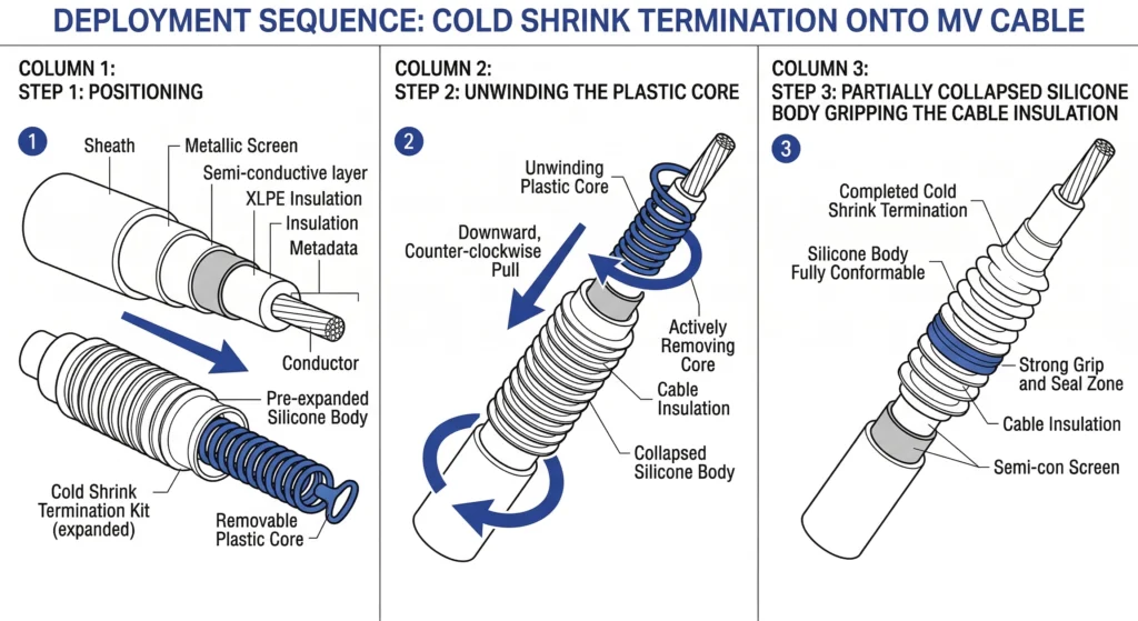 Sequential diagram unwinding the spiral core of a cold shrink termination.