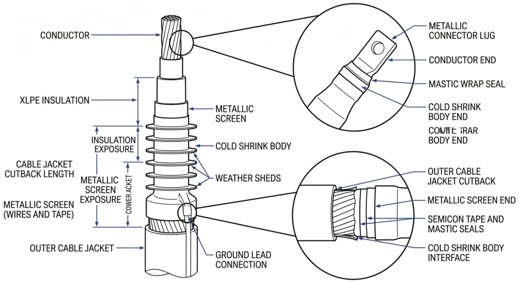 Visual inspection diagram of an installed cold shrink termination and sealing zones.