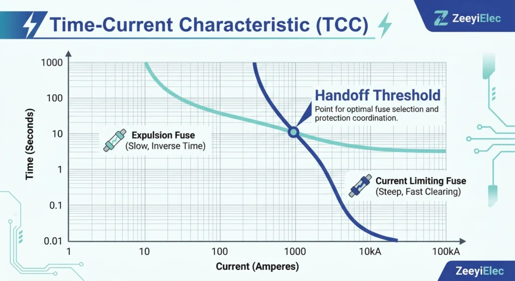 Zeit-Strom-Kennlinie, die die Koordination zwischen einer Auslösesicherung und einer Vorschaltstrombegrenzungs-Sicherung zeigt.