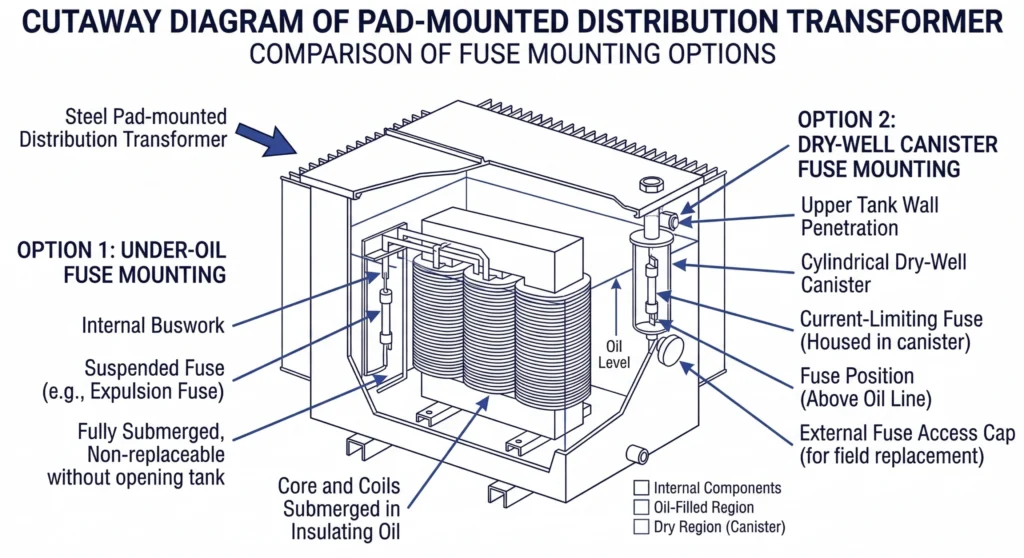 Schema zur Darstellung der Montageorte für Vorsicherungen in einem Verteilertransformator unter dem Öl und im Trockenschacht.