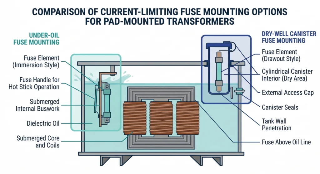 Die Infografik zeigt die Montageorte für Backup-Strombegrenzersicherungen unter Öl und in Trockenschächten.