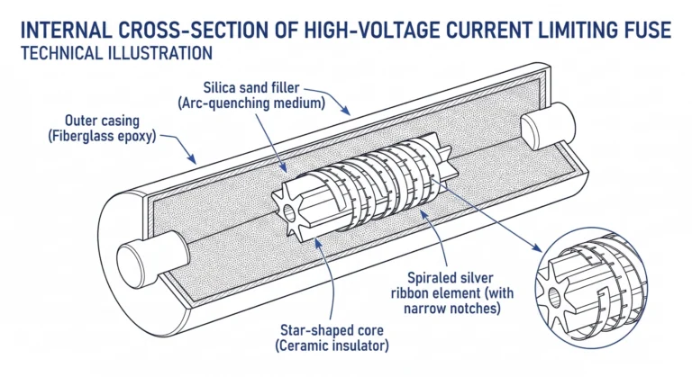 Coupe transversale montrant l'élément interne en argent et le sable de silice d'un fusible de limitation de courant à moyenne tension.