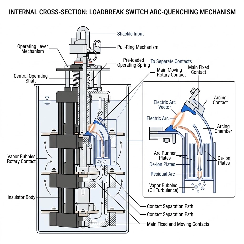तेल-भरे ट्रांसफॉर्मर लोडब्रेक स्विच में संपर्क बिच्छेदक के आंतरिक आर्क-निराकरण तंत्र।.