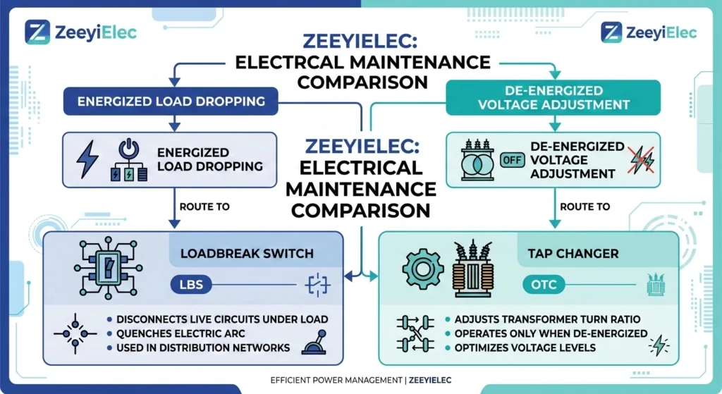 लोडब्रेक स्विच बनाम ऑफ-सर्किट टैप चेंजर संचालन की तुलना करने वाला अनुप्रयोग सीमा फ्लोचार्ट।.