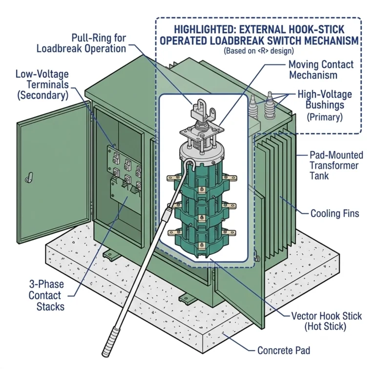 Pad-mounted transformer loadbreak switch interrupting continuous load current in distribution network.