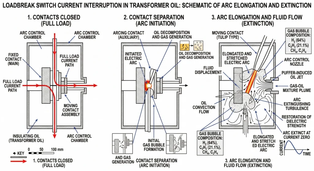 लोडब्रेक स्विच संपर्क पृथक्करण और आर्क दीर्घीकरण का क्रॉस-सेक्शनल आरेख।.