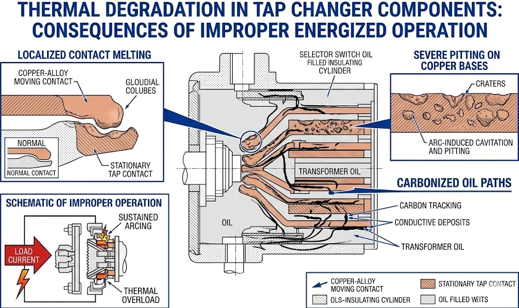 अनुपयुक्त सक्रिय ऑफ-सर्किट टैप चेंजर संचालन के कारण स्थानीय संपर्क पिघलन।.