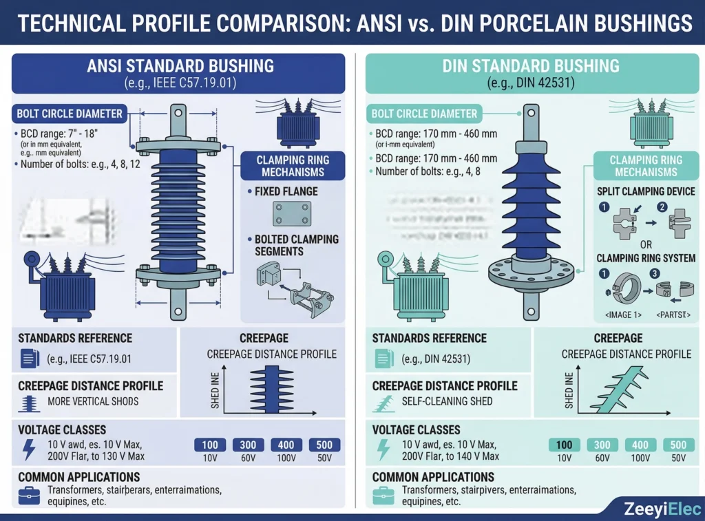 Comparaison dimensionnelle entre les traversées de moyenne tension ANSI et DIN.