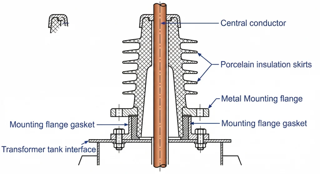 Anatomie en coupe d'une douille de transformateur moyenne tension en porcelaine.
