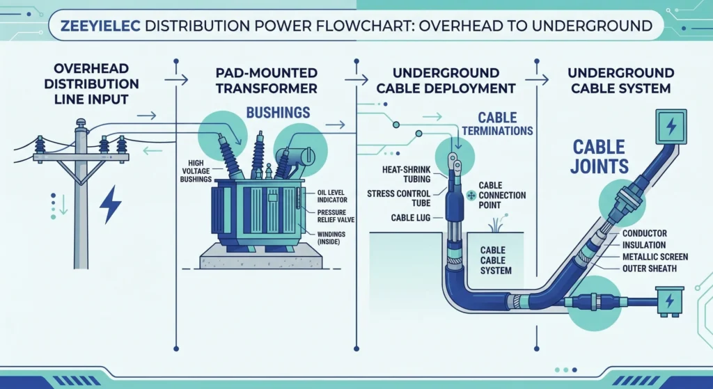 Infographie montrant les points d'interface des accessoires de moyenne tension dans un réseau de distribution.