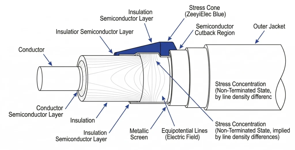 Diagramme illustrant les lignes de tension électrique et l'effet des tubes de contrôle de la tension dans les terminaisons de câbles.