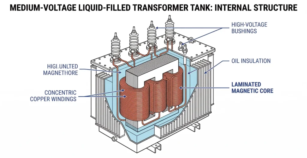 Cutaway diagram of a liquid-filled MV transformer showing core and windings.