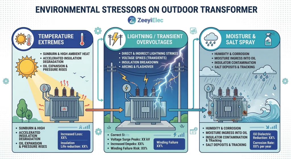Infographic detailing environmental stressors acting on an outdoor pad-mounted transformer.