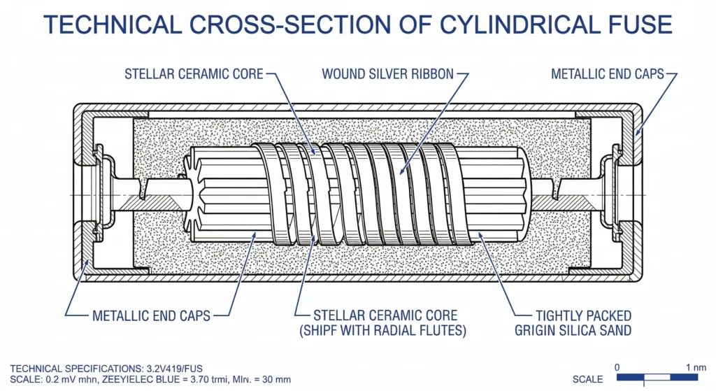 Querschnitt einer strombegrenzenden Sicherung mit Quarzsand und Silberelement.