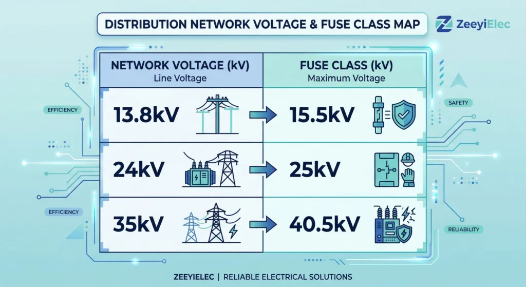 Vergleichstabelle der Spannungsklassen für 15,5kV, 25kV und 40,5kV Verteilersicherungen.