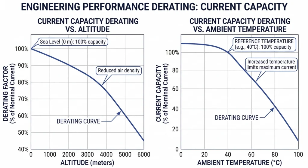 Höhen- und Temperatur-Derating-Kurven für elektrische Mittelspannungssicherungen.