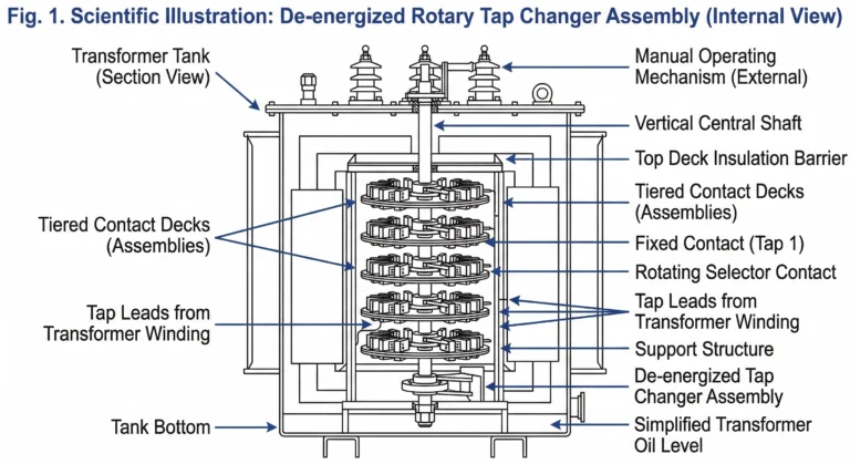 Off circuit tap changer adjusting transformer voltage turns ratio mechanism.