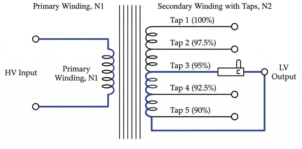 변압기 1차 권선 및 탭 체인저 연결을 보여주는 회로도.