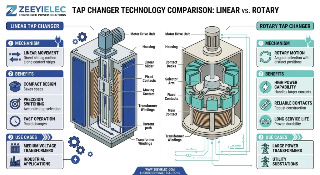 선형과 회전식 오프 회로 탭 체인저 구성 비교.